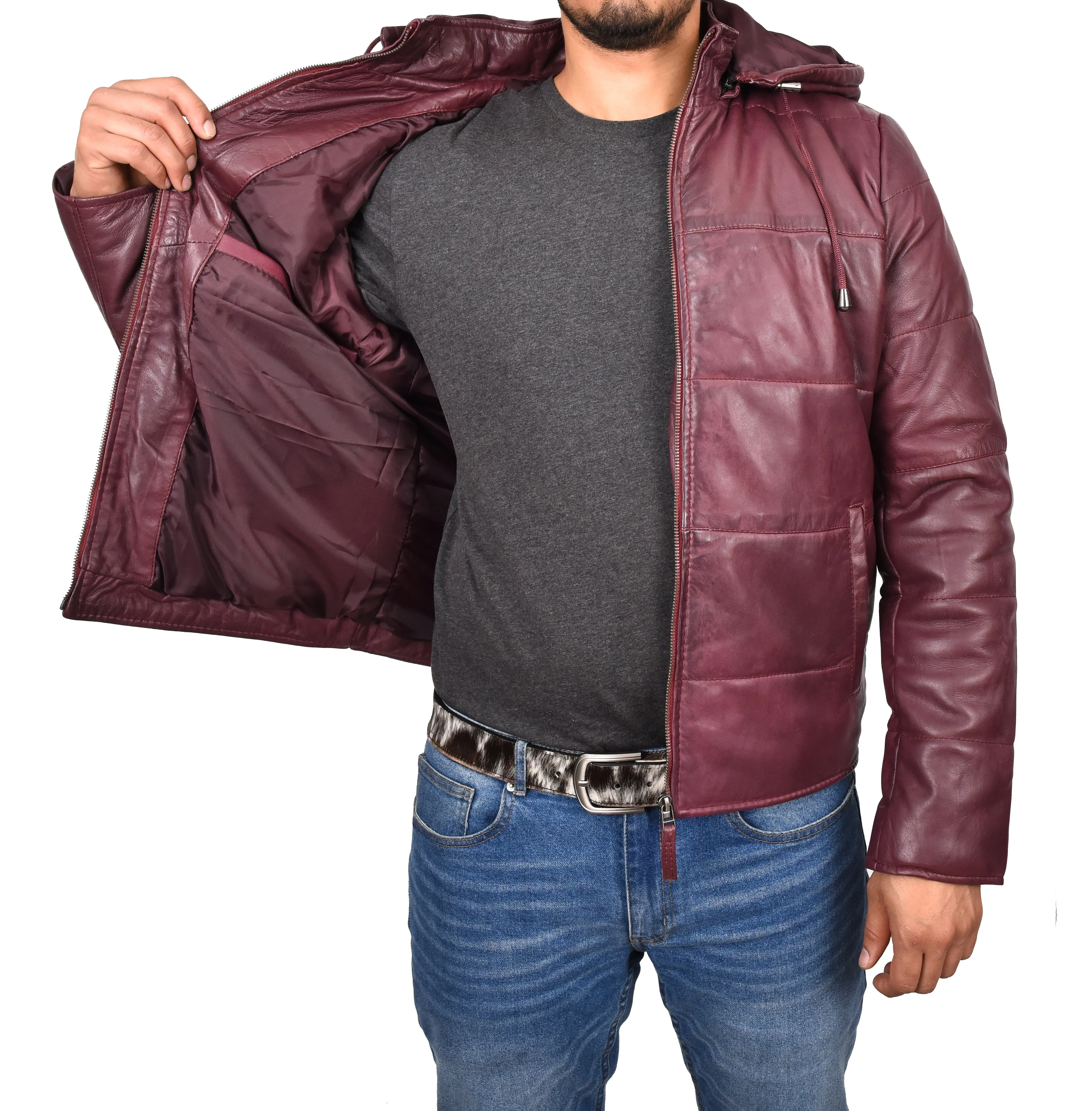 Men's Genuine Leather Hooded Puffer Jacket Burgundy Asmund