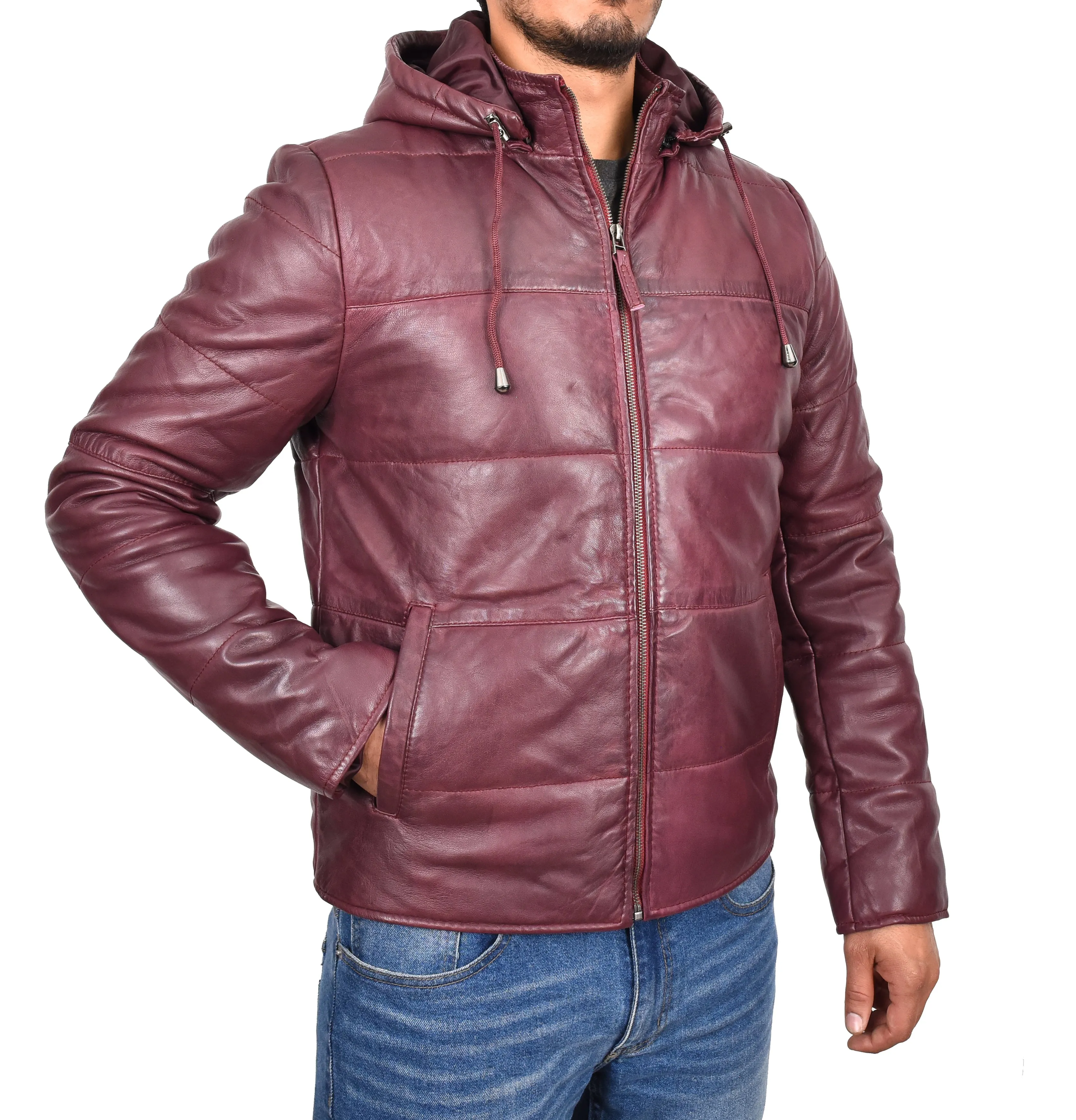 Men's Genuine Leather Hooded Puffer Jacket Burgundy Asmund
