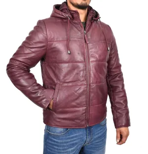 Men's Genuine Leather Hooded Puffer Jacket Burgundy Asmund