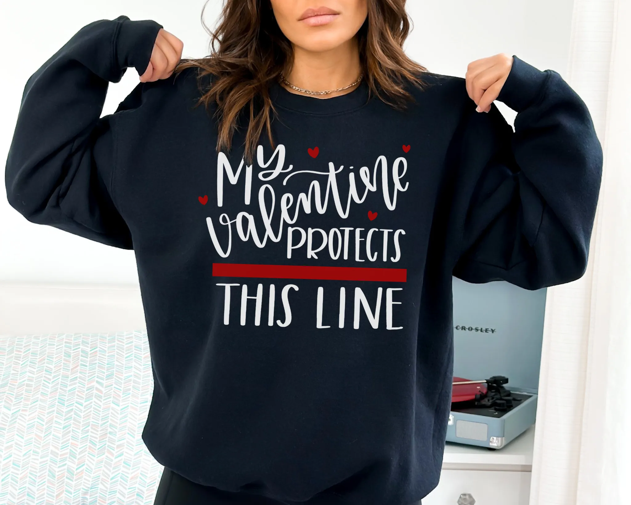 My Valentine Protects This Line © Unisex Crewneck Sweatshirt (Thin Red Line)