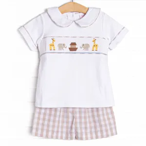 Noah's Ark Smocked Short Set, Tan