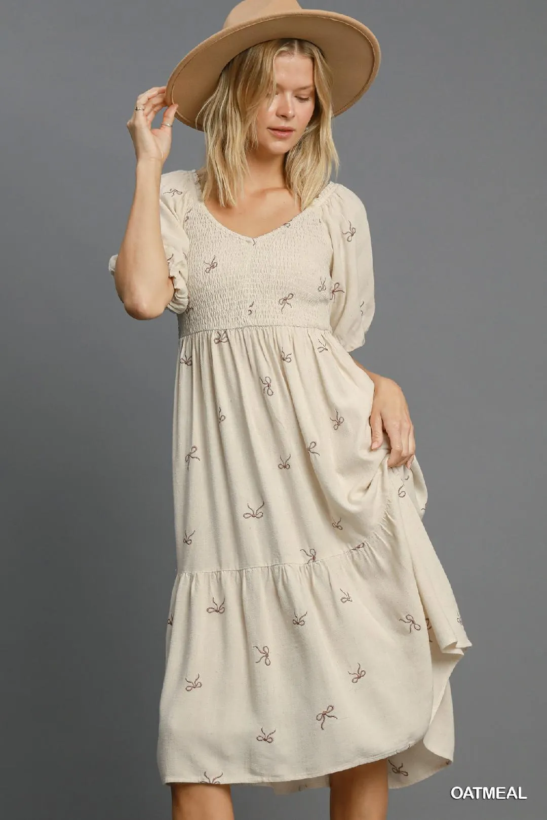 Oatmeal Linen Blend Tiered Ribbon Embroidered Dress