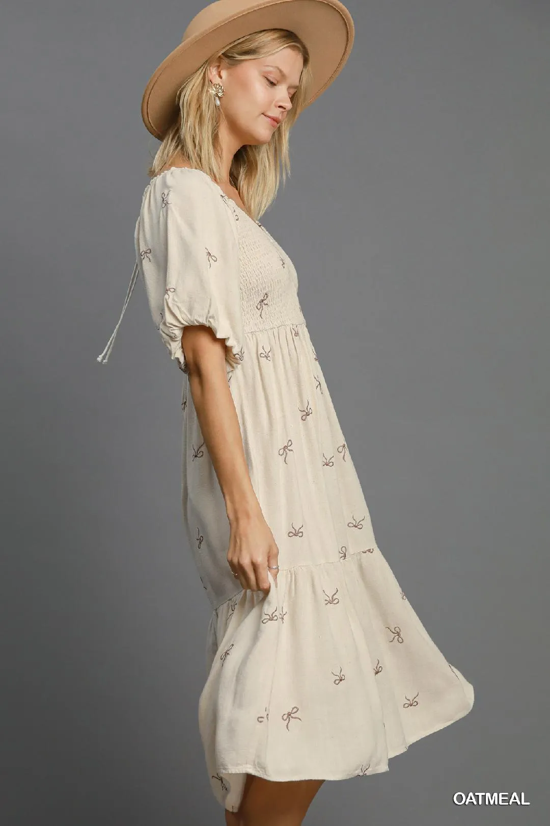 Oatmeal Linen Blend Tiered Ribbon Embroidered Dress