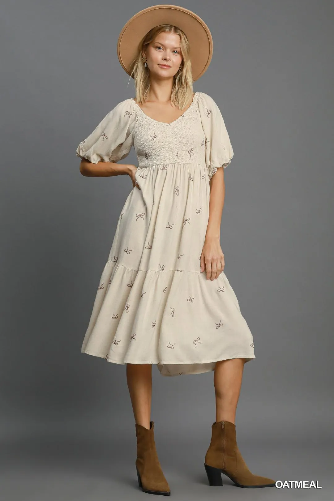 Oatmeal Linen Blend Tiered Ribbon Embroidered Dress