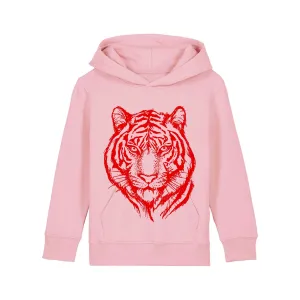 Organic Cotton Kids Hoodie | Red Tiger on Pink
