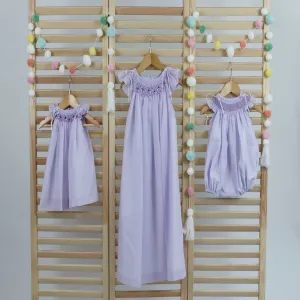Pastel Lavender Matching Sister Dresses, Bishop Hand Smocked  Girl Dress Cotton Fabric