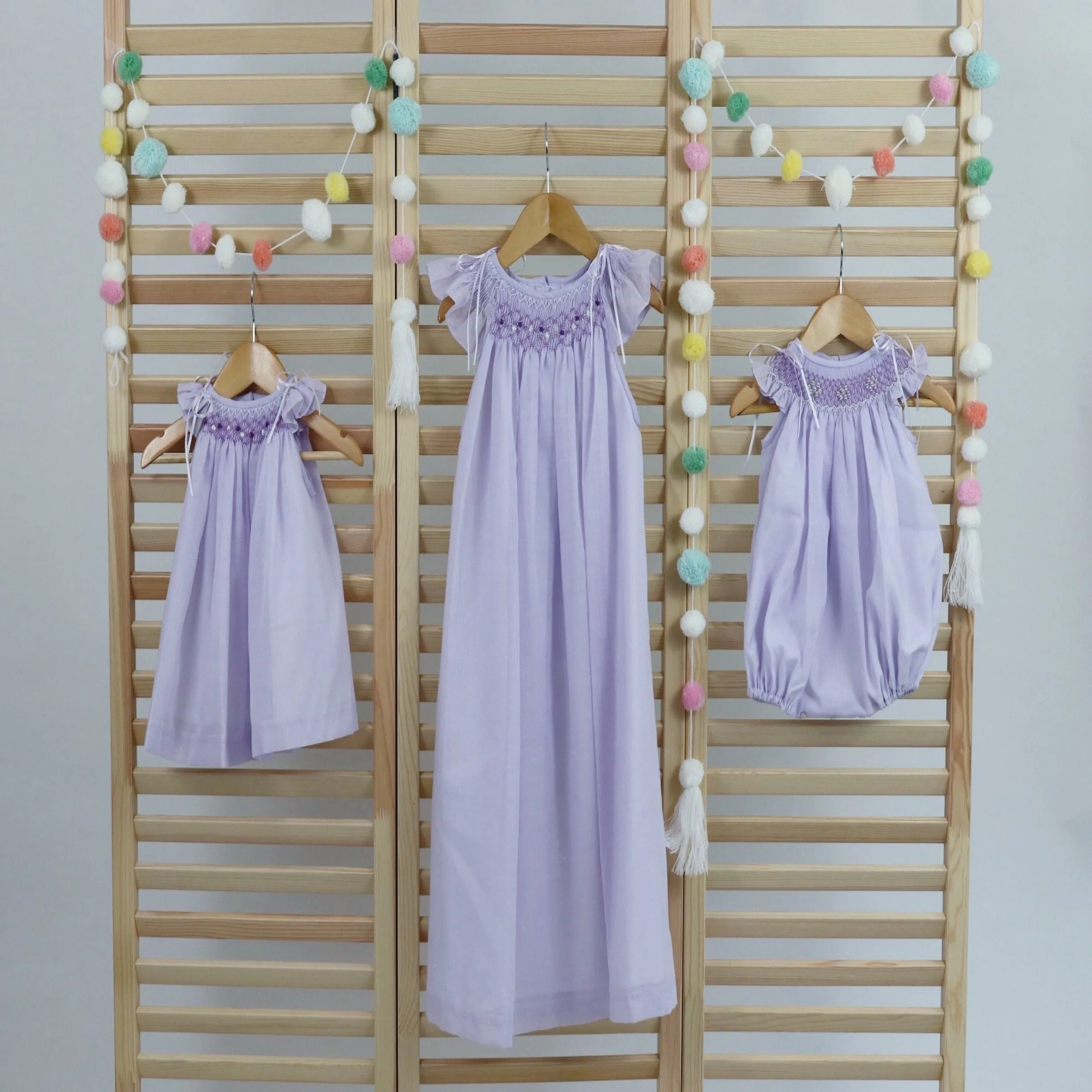 Pastel Lavender Matching Sister Dresses, Bishop Hand Smocked  Girl Dress Cotton Fabric