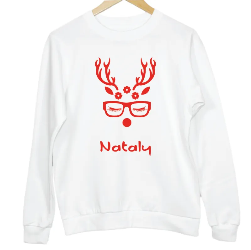 Personalised Reindeer with Flower Bow Graphic Kid's Sweatshirt