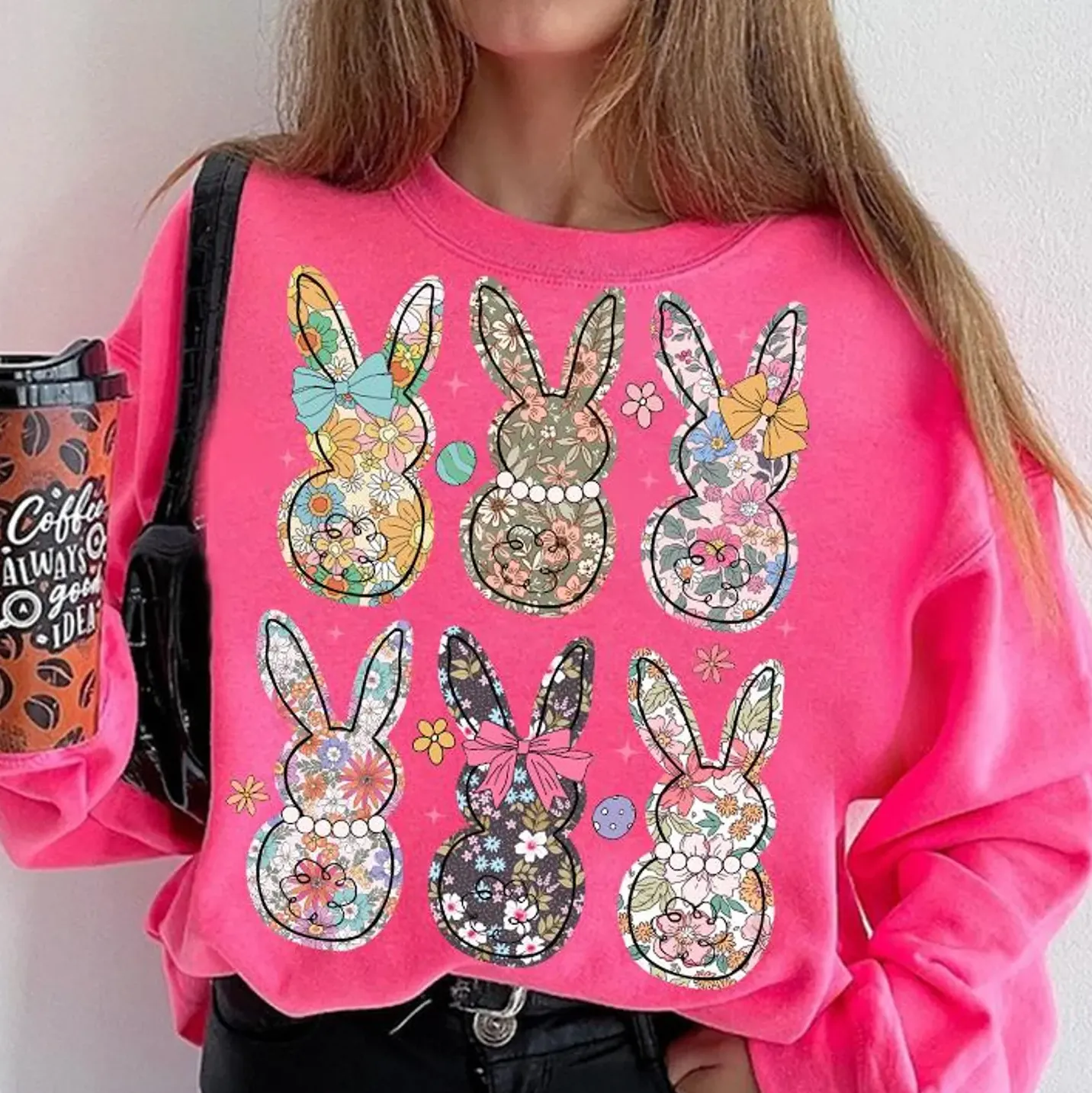 Pink Floral Bunnies Easter Sweatshirt - Youth and Adult Sizes