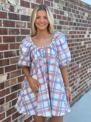 Puff Sleeve Mini Babydoll Dress (Blue Multi)