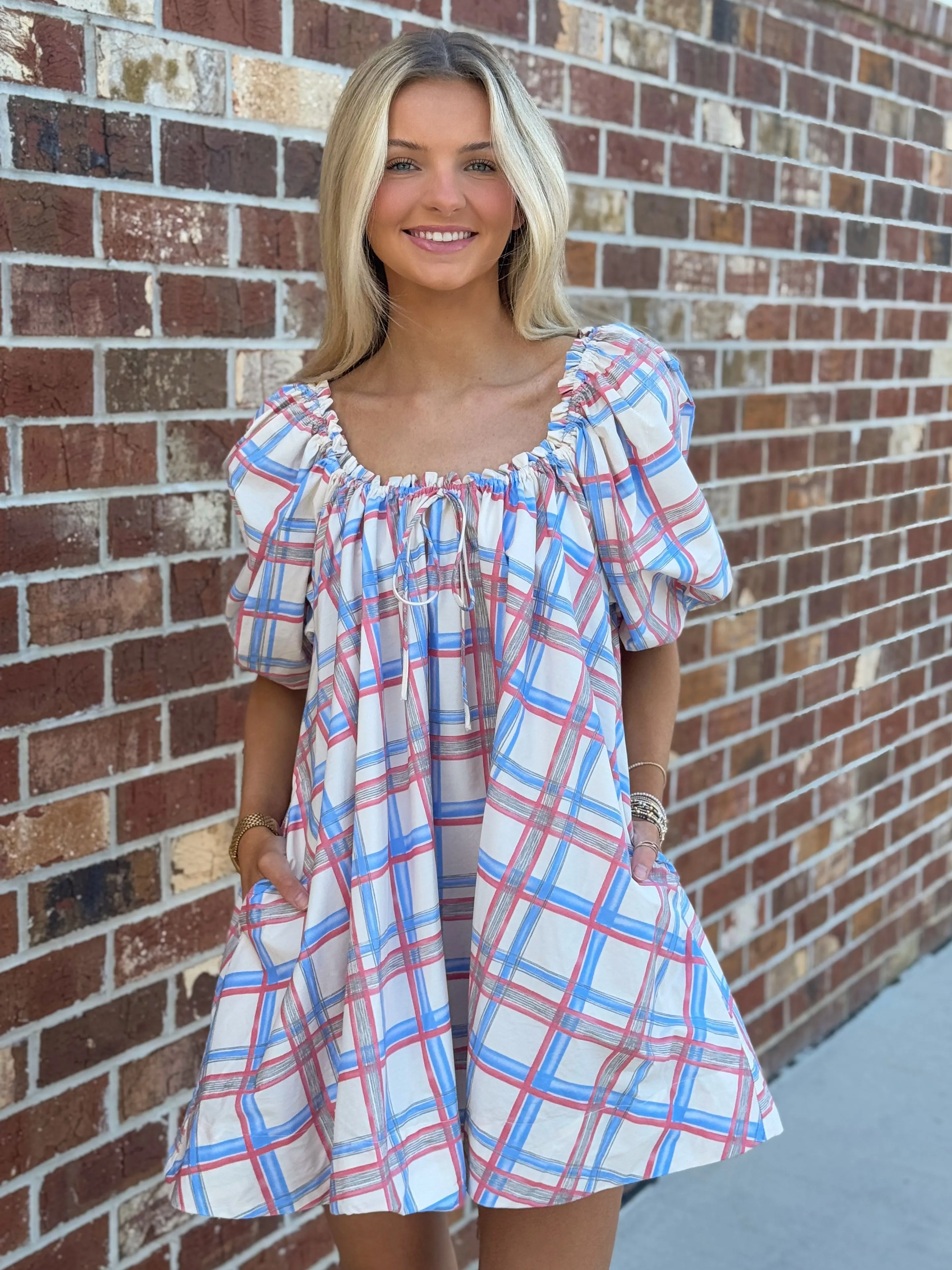 Puff Sleeve Mini Babydoll Dress (Blue Multi)