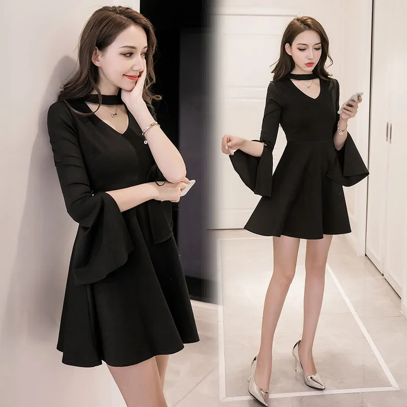 "BLACK METAL PIN SLEEVES V-NECK" DRESS K111823