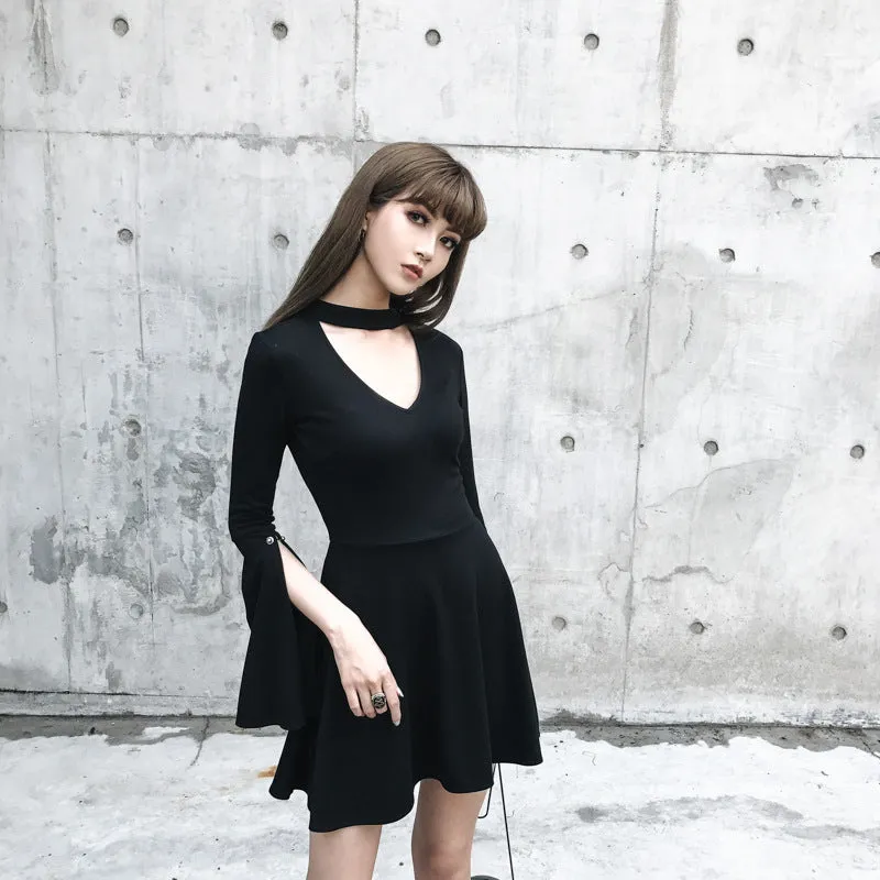 "BLACK METAL PIN SLEEVES V-NECK" DRESS K111823