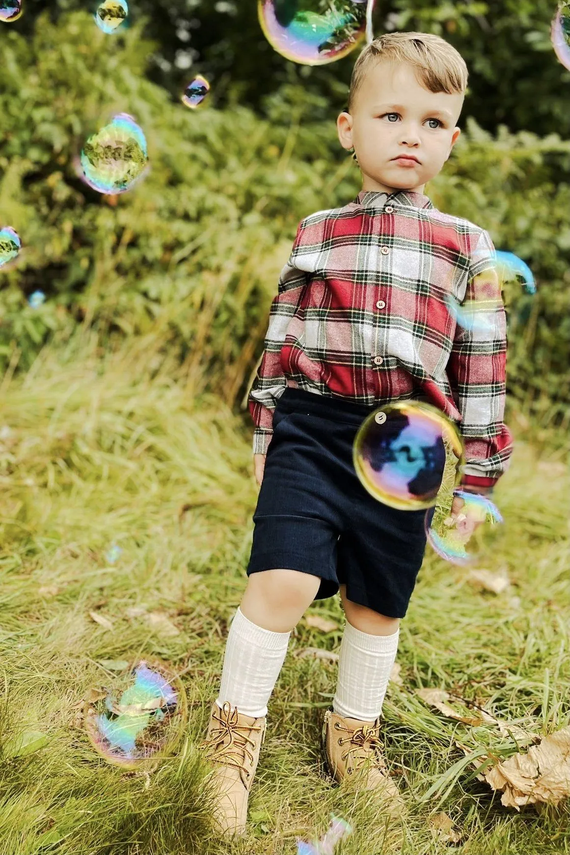 "Grayson" Red Tartan Shirt & Navy Cord Shorts