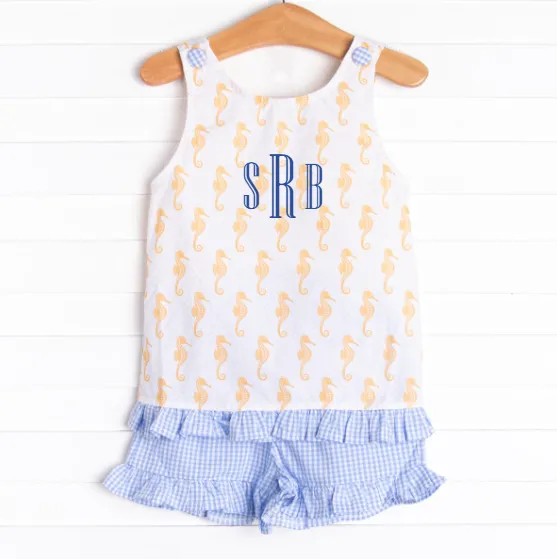 Saltwater Seahorse Ruffle Short Set, Blue