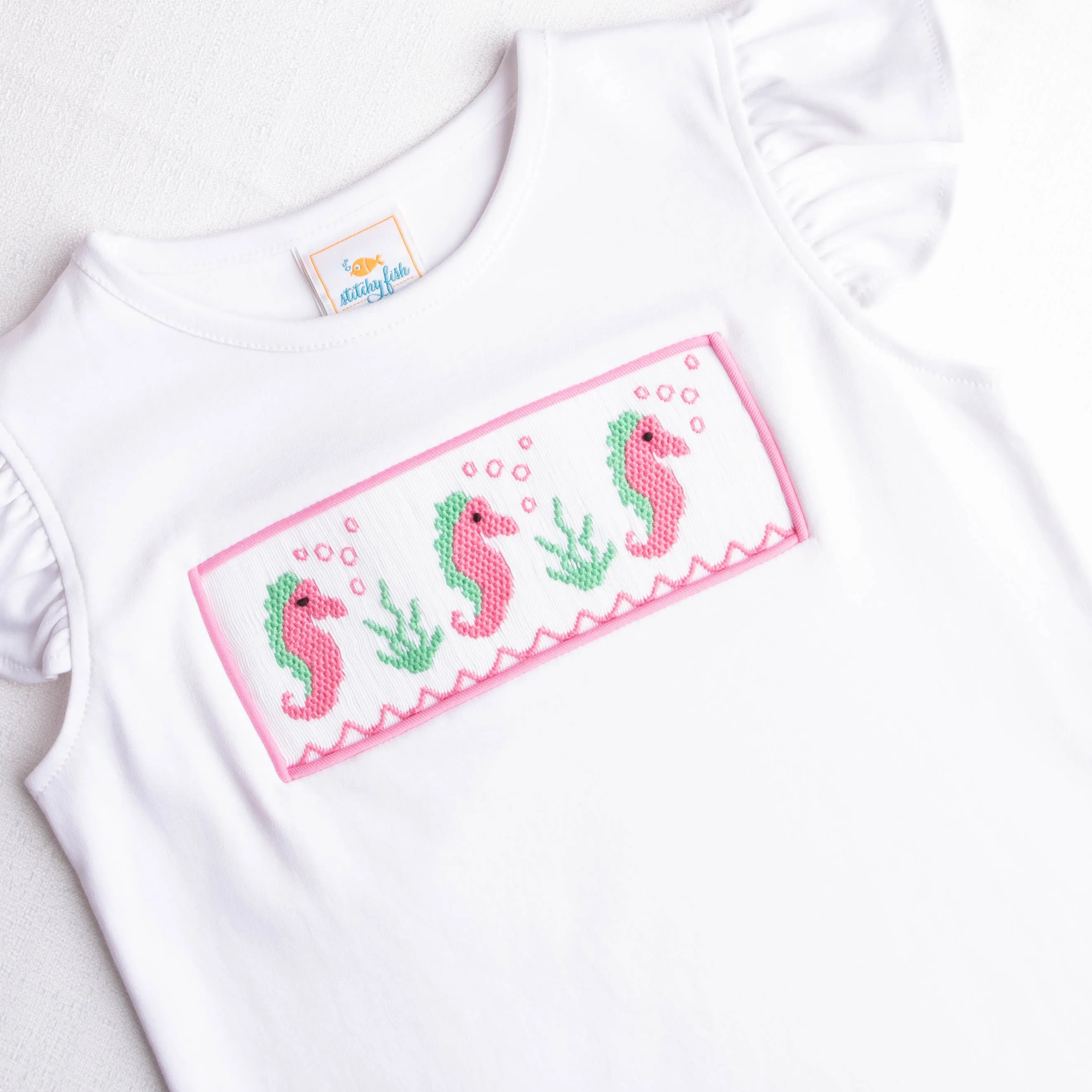 Seahorses and Sunshine Smocked Ruffle Short Set, Pink Stripe