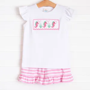Seahorses and Sunshine Smocked Ruffle Short Set, Pink Stripe