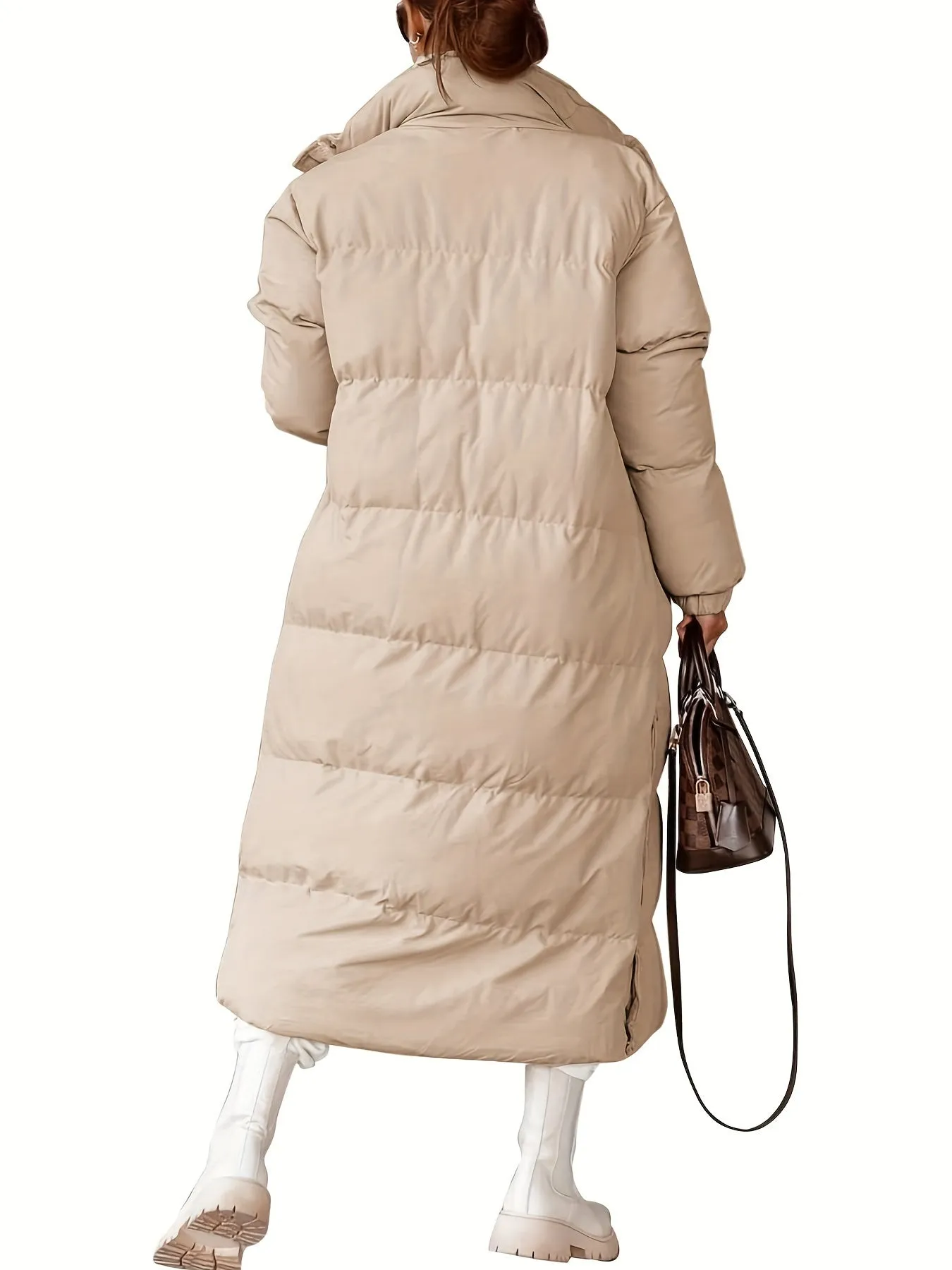Solid Quilted Zipper Up Puffer Coat, Casual Long Sleeve Button Front Baggy Long Length Puffer Coat For Fall & Winter, Women's Clothing