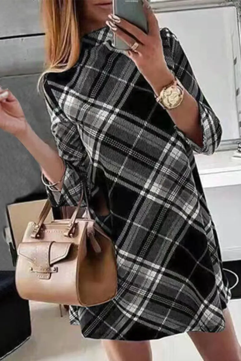 Street Plaid Half A Turtleneck Straight Dresses