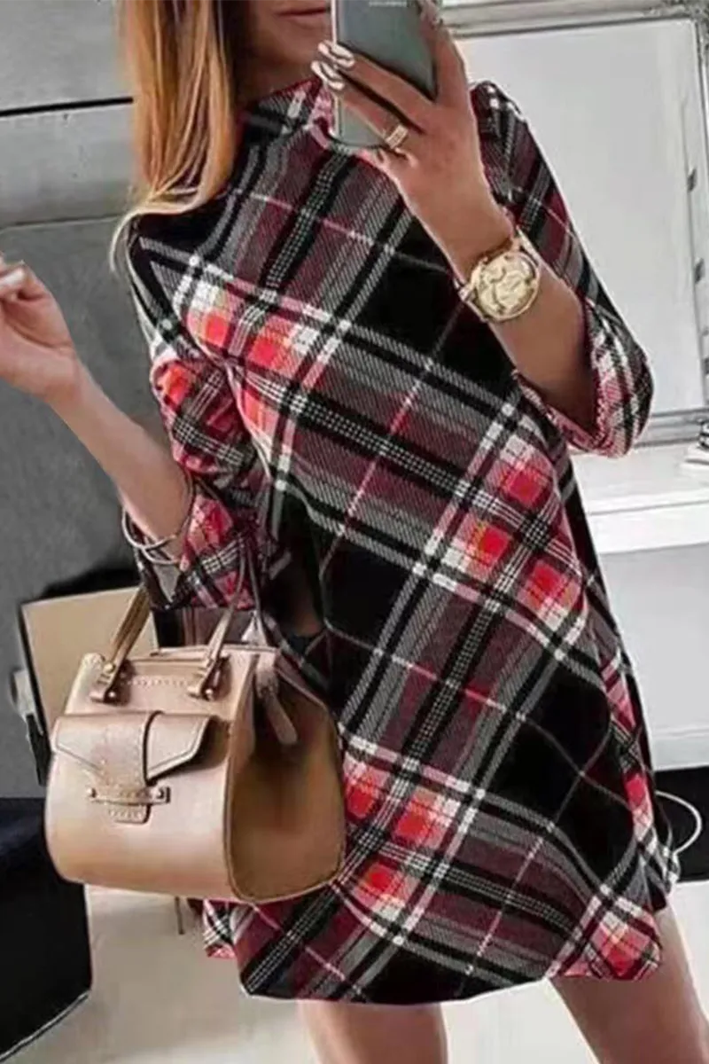 Street Plaid Half A Turtleneck Straight Dresses
