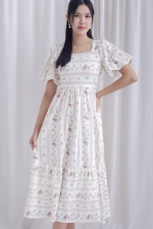 Talulla Stripes Floral Puffy Sleeve Dress In Brown