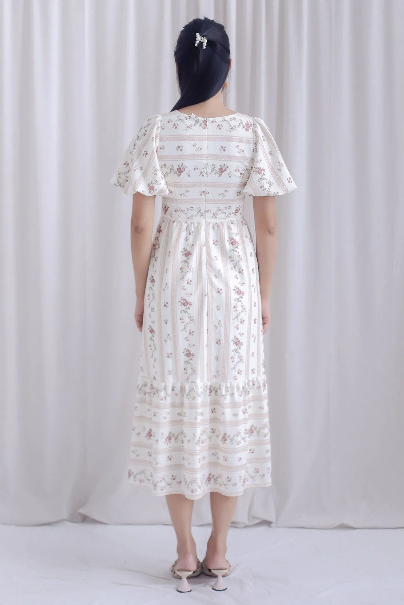 Talulla Stripes Floral Puffy Sleeve Dress In Brown