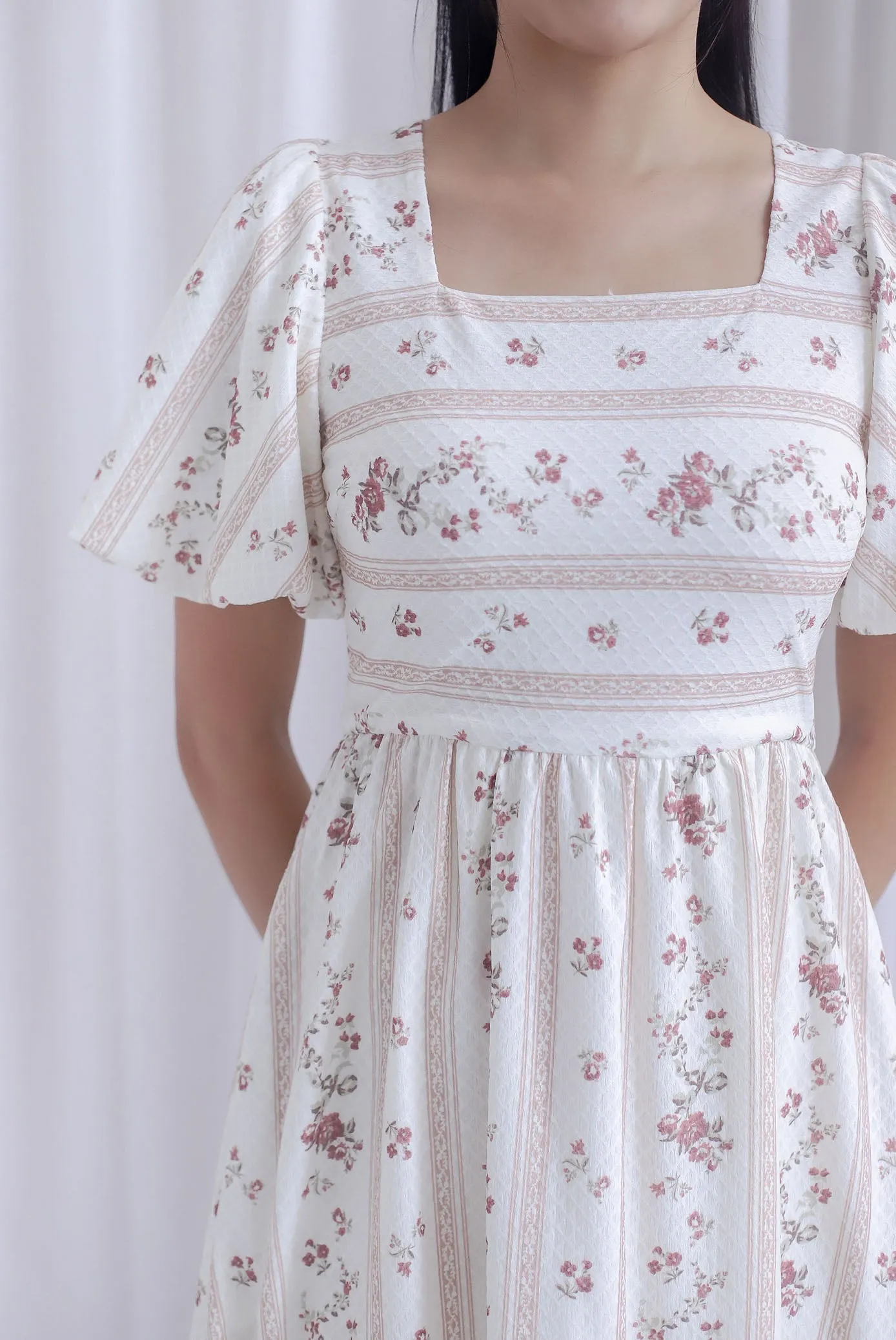 Talulla Stripes Floral Puffy Sleeve Dress In Brown