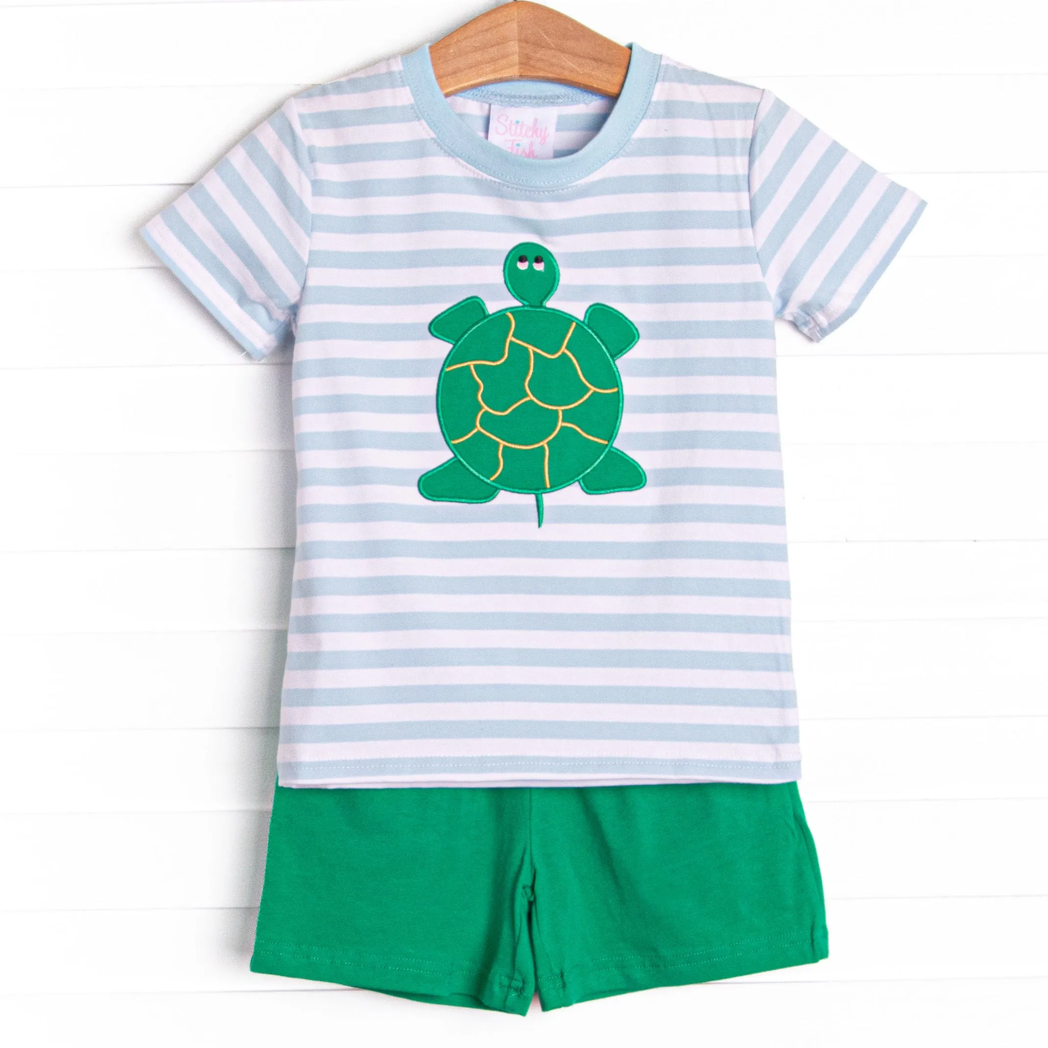 Turtle Time Applique Short Set, Blue Stripe