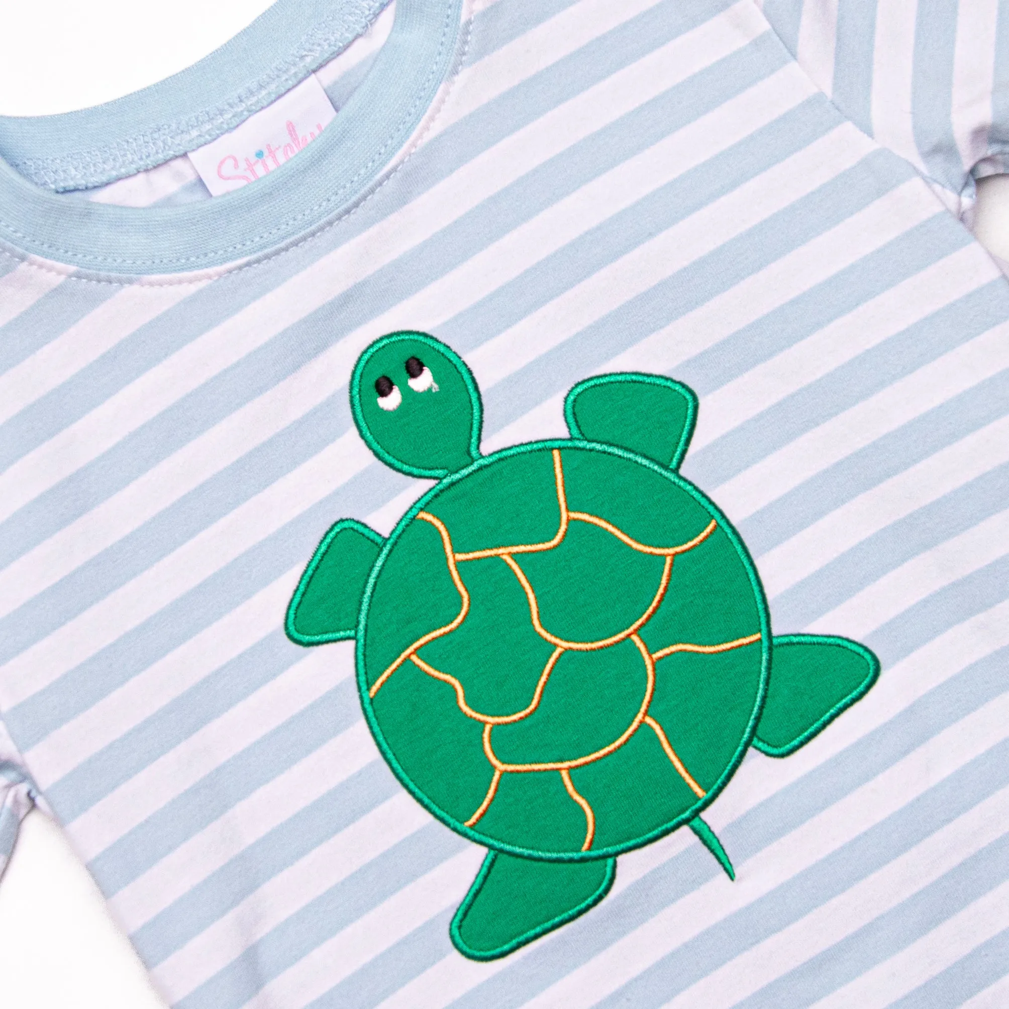 Turtle Time Applique Short Set, Blue Stripe
