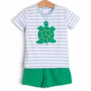 Turtle Time Applique Short Set, Blue Stripe