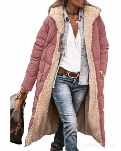 Winter Coats Reversible Sherpa Fleece Long Hooded Puffer Jackets Outerwear