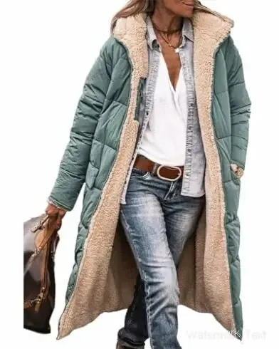 Winter Coats Reversible Sherpa Fleece Long Hooded Puffer Jackets Outerwear